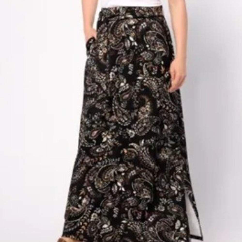 Denim & Co. Womens L Double Knit Jersey Maxi Skirt Paisley Dark Boho Cottagecore